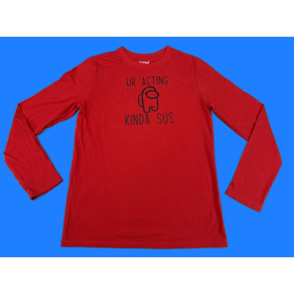 Cat Jack Among Us Long Sleeve Graphic Tee Shirt XL Red Crewneck Cotton Blend